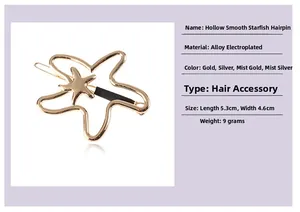 Detailed view of a gold hollow starfish hair clip with 5.3x4.6cm size specifications
