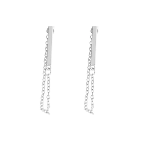Detailed view of silver long chain tassel earrings with minimalist geometric design