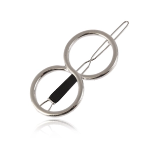 Detail of silver alloy hair clip featuring dual circles and anti-slip black grip