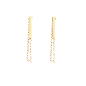 Minimalist gold bar earrings with long chain tassels in a modern dangle drop style