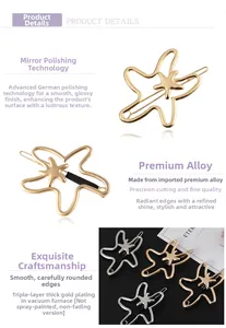 Detail showing polished gold and silver starfish hair clips with vacuum plating finish