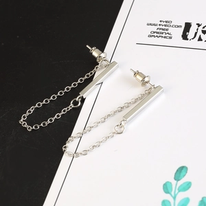 Minimalist silver-toned long bar chain earrings with polished finish and drop design