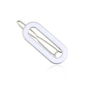 Minimalist white oval hair clip with silver alloy frame and elegant polished finish