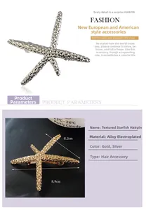 Detail of alloy starfish hair clip with hammered texture in gold and silver finish