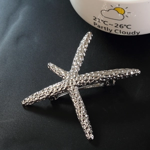 Silver starfish hair clip with hammered metal texture for women on black background