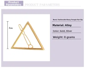 Spécifications de la pince à cheveux triangle en alliage avec dimensions et poids