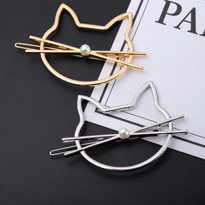 Pinces à cheveux minimalistes en forme de chat, or et argent avec perles blanches