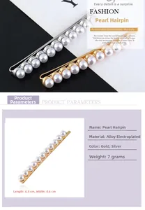 Detail view of pearl hair clips in gold and silver alloy finish with 6.5cm length