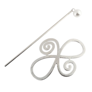 Detail of silver alloy hair pin set with brushed metal texture and white faux pearl accent