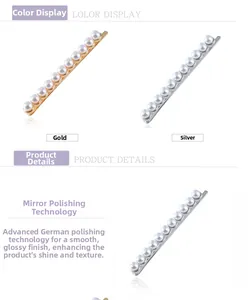 Detail view of the polished metal base and glossy pearls on the minimalist hair clip