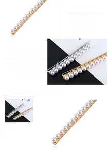 Detailed macro view of gold and silver hair clips with 11 neatly arranged white pearls