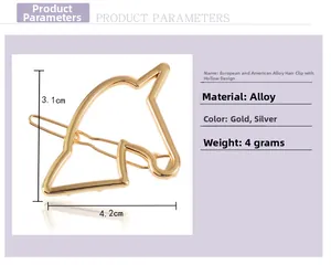 Detailed size specifications for a hollow gold unicorn alloy hairclip with 4g weight
