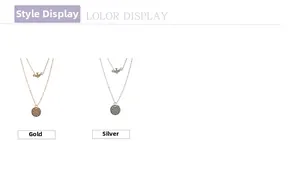 Detail of double-layer necklace with tiny bird pendant and hammered metal disc in gold and silver