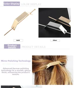 Dettaglio di fermagli per capelli geometrici minimalisti in finiture oro e argento lucido