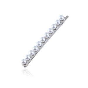 Elegant silver-tone hair clip featuring 11 glossy white pearls on a minimalist metal base