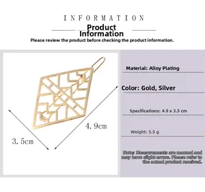 Detail view of geometric hollow alloy hair clip in gold and silver showing dimensions 4.9*3.5cm