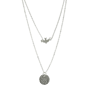 Double-layer silver necklace with bird pendant and hammered coin charm on thin chains