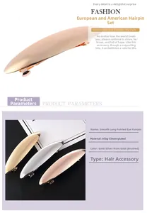 Detail showing gold, silver, and rose gold pointed metal hair clips with brushed texture