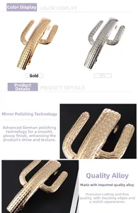 Detailed view of cactus-shaped metal hair clips in polished gold and silver finishes