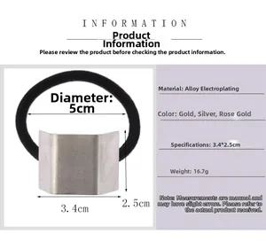 Detail view of metallic rectangular hair tie with size specifications and color options
