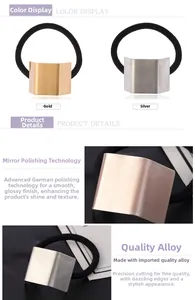 Detail of mirror-polished gold and silver L-shaped metal hair ties with black elastic