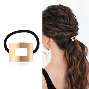 Minimalist Rectangular Hollow Brushed Metal Hair Tie For Women Geometric Alloy Elastic Scrunchie Fashion Ponytail Holder