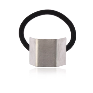 Minimalist black elastic hair tie with a sleek curved silver trapezoid metal buckle