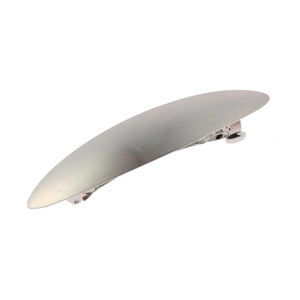 Minimalist silver matte oval metal hair clip with a brushed finish on a white background