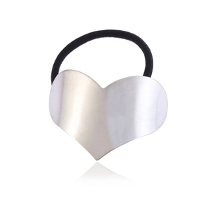 Minimalist silver heart metal hair tie with black high-elastic rubber band on white background