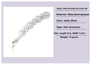 Detail view of large white faux pearls on a gold alloy hair clip with 9cm size dimensions