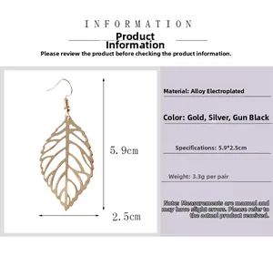 Detailed size specifications for hollow leaf earrings in gold, silver, and gun black finish