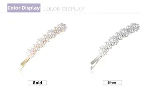 Detail view of pearl hair clips showing gold and silver metal bases with white pearls