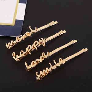 Barrettes à cheveux minimalistes en alliage doré avec mots merci, happy, love et smile