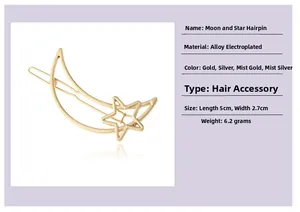 Detailed view of a gold moon and star alloy hair clip with specific size dimensions