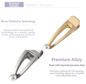 Polished alloy duckbill hair clips in gold and silver finish with white pearls detail