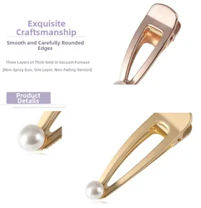 Detail of champagne gold duckbill hair clip with pearl and triple layer gold plating