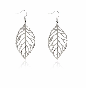 Hollow leaf-shaped drop earrings in silver alloy finish with fishhook ear wires