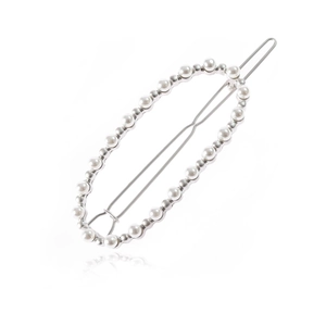 Elegante fermaglio ovale con perle bianche e base in metallo argento per acconciature