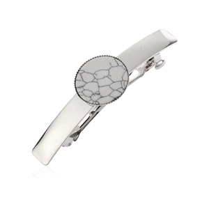 Barrette à cheveux en métal argenté avec une pierre ronde en marbre blanc incrustée
