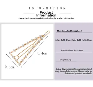 Detail view of pearl triangle hair clip showing alloy base material and 5.4cm dimensions
