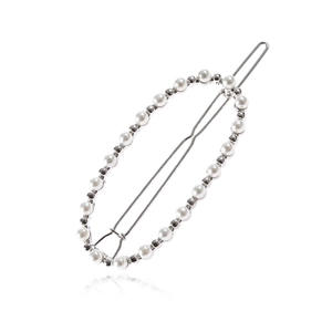 Elegante fermaglio ovale con perle sintetiche bianche e base in metallo argentato