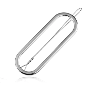 Minimalist silver oval hollow metal hair clip with a polished finish on white background