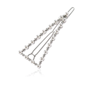 Elegant triangular pearl hair clip with silver metal base and polished white beads