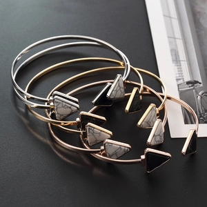 Minimalist open metal bracelets with turquoise triangles in gold, silver, and rose gold