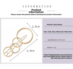 Detail view of geometric metal hair clip with pearls and ring texture dimensions 5.9x2.8cm