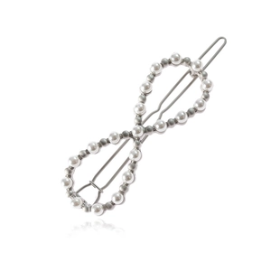 Barrette à cheveux en forme de 8 avec perles blanches brillantes sur métal argenté
