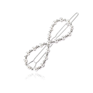 Pince à cheveux symbole infini élégante avec perles blanches et cadre en alliage argent