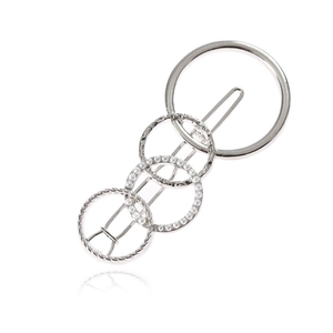 Silver nested geometric circles hair clip with white pearls and textured alloy finish