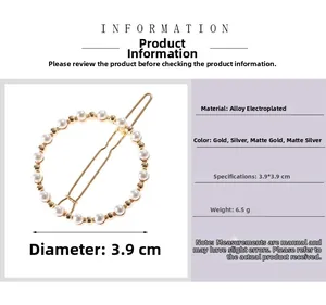 Detailansicht der Größe von 3,9 cm runder goldener Perlen-Haarspange aus Legierung
