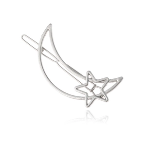 Minimalist silver moon and star hollow metal hair clip with a sleek matte finish